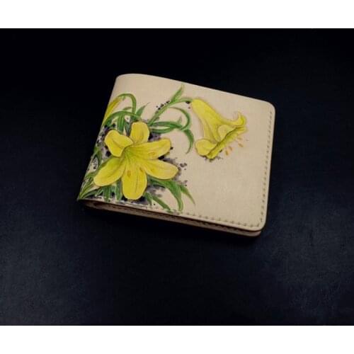 Hand-made Short Wallets Romantic Yellow Flowers Purses Women Men Clutch Vegetable Tanned Leather Thin Cowhide Card Holder