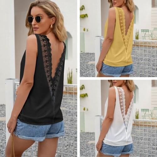 Summer Womens V-neck Back Lace Print Sleeveless Tops Sexy Backless Tank Top V-neck Loose Vest For Vacation Party Dating Travel
