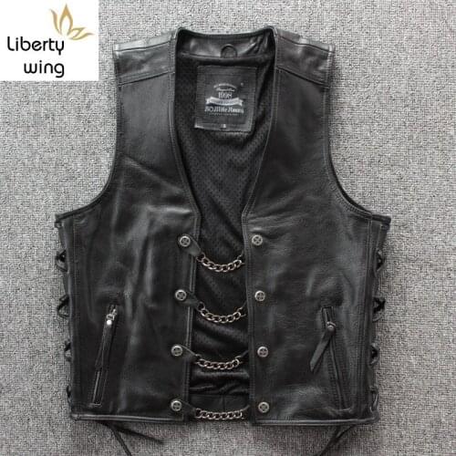 2020 New Moto biker Real Leather Fashion Punk Solid Black Sleeveless Mens Single Breasted Slim Fit Vest Coat