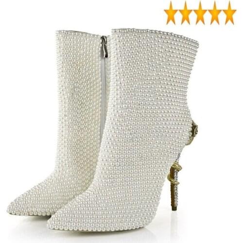 Autumn Pointed Fashion Toe Side Zipper Genuine Leather For Women Party Nightclub Shoes Bead Crystal Decoration White