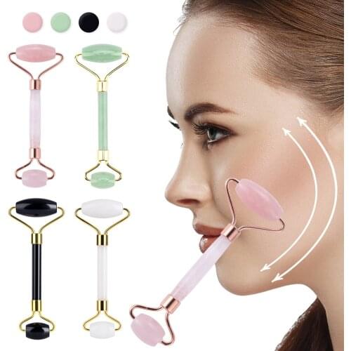 Jade Stone Rollers Massager For Face Pink Rose Quartz Natural Stone Slimming Chin Lift Up Facial Facial Beauty Roller Skin Care