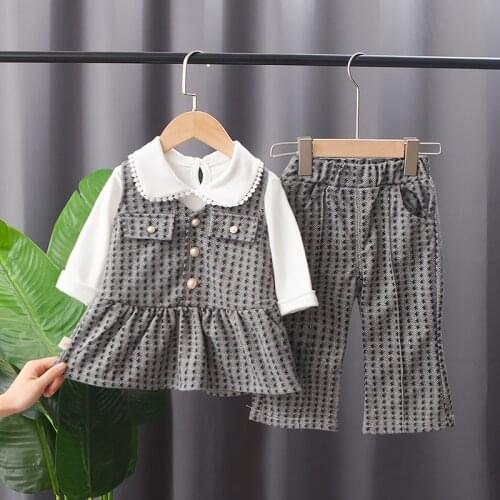 Girl Autumn Cute Plaid Clothes Long Sleeve + Skirt + Pants Three-Piece Sets Small Fragrance Clothes 1-4 Years Old