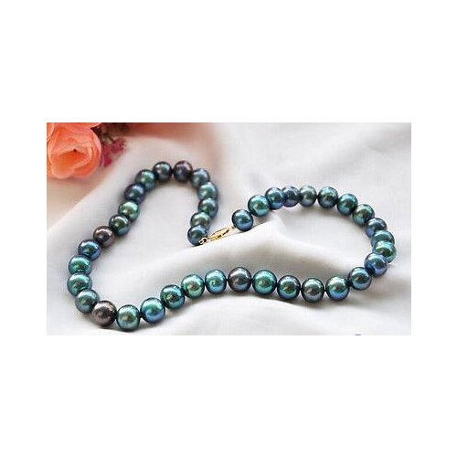 Fine jewelry 17" 10mm natural round peacock black freshwater pearls necklace