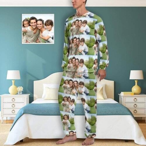 Custom Photo Dad Mom Family Mens Pajamas Long Sleeve Set Suit Family Clothes Home Look Tie Dye Design Personalized Indoor Soft