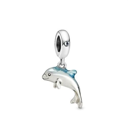 Authentic 925 Sterling Silver Shimmering Dolphin Dangle pan Charm Fit Original Bracelets For Women DIY Jewelry
