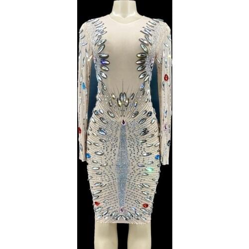 Sparkly Crystals See Through Short Dress Prom Party Evening Outfit Birthday Dress Celebrate Wear Rhinestone Dress for Stage Wear