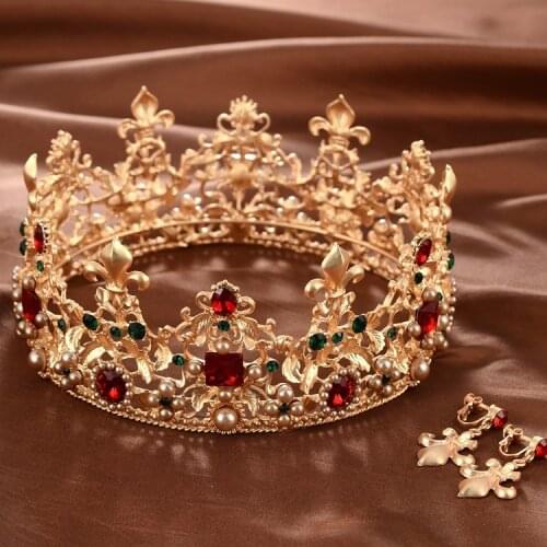 Baroque Retro Luxury Red Crystal Gold Crown Bridal Wedding Jewelry Rhinestone Tiaras Crowns Pageant Dress Hair Accessories 2019