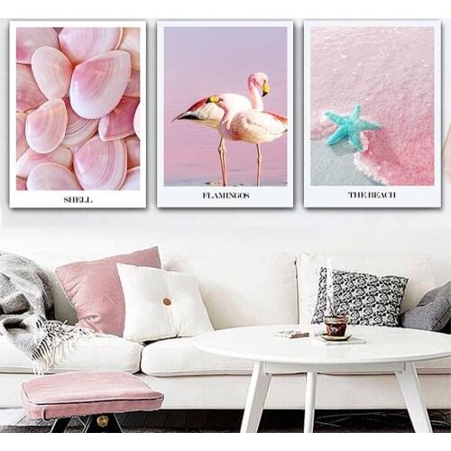 Self-adhesive Wall Stickers ins Nordic Wall Art Picture Flamingos Shell Beach Room Decoration Painting Poster Prints Pink Girls