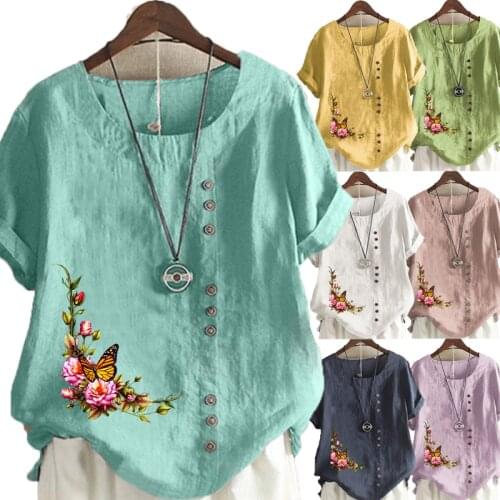 Womens Casual Floral Printed Linen Shirt Ladies Tops Round Neck Short Sleeved Plus Size T-Shirt Loose Graphic Blouse