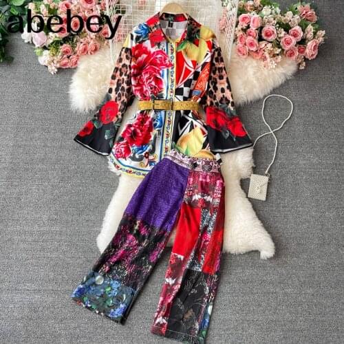 2021 New Summer Fashion turn-down collar long sleeve single breasted Shirt + high waist print casual wide leg pants 2-piece set