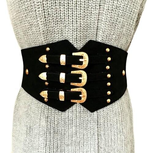 New Fashion Vintage metal Double Clasp Women Belt Buckle PU Girdle Waistband Vintage Wide elastic Belt Girdle Cinturones Mujer