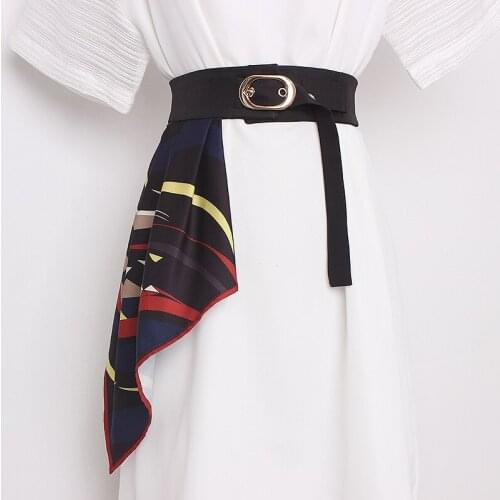 Womens runway fashion silk scarf patchwork elastic Cummerbunds female Dress Corsets Waistband Belts decoration wide belt TB1458