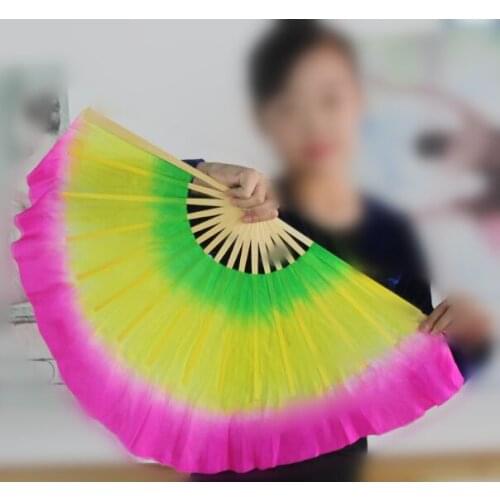 43cm(17") Hand Made Colorful Veil Folk Art Bamboo Foldable Fans Chinese Yangko Dance Stage Performanc Props