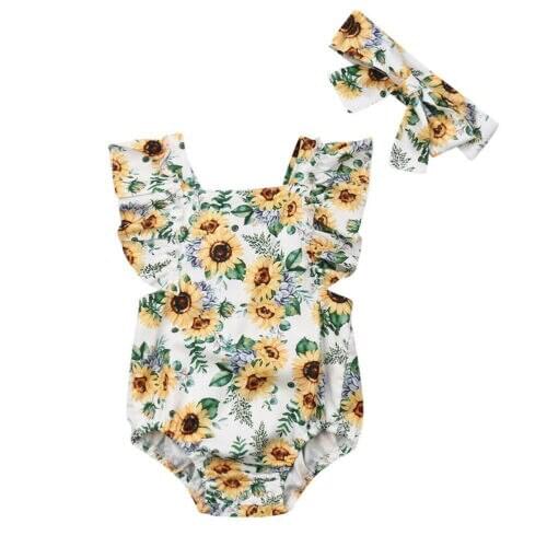 Baby Romper Newborn Kids Baby Girl Floral Sleeveless Romper+Headband 2pcs Jumpsuit Playsuit Clothes Outfit Sunsuit Size 0-24M