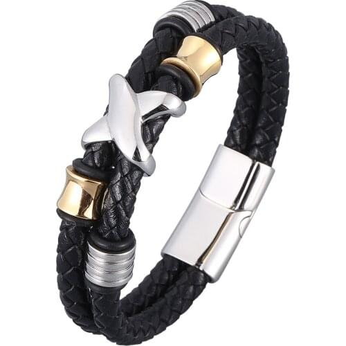 Diy Double layer Men Male Genuine Leather Bracelets Bangles Trendy Stainless Steel Chain Link Charm Handmade Bracelets BB0949