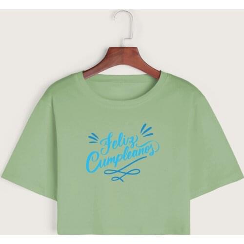 Feliz Cumpleanos Womens Crop Shirt Cropped T-Shirt Crop Top Tee Summer Short Sleeve Cotton Tops Female Girls Graphic T-Shirts