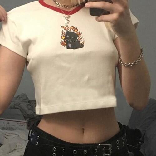 Womens Funny Print T Shirts 2020 Summer Harajuku Short Sleeve Crop Tops Girls Cute Fire Dog T-shirt V Neck Cotton Tshirt Femme