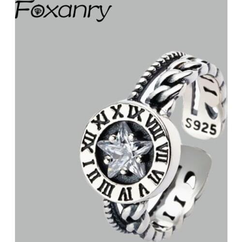 Foxanry 925 Sterling Silver Zircon Rings New Fashion Vintage Handmade Chain Weaving Party Jewelry for Women Size 16mm Adjustable