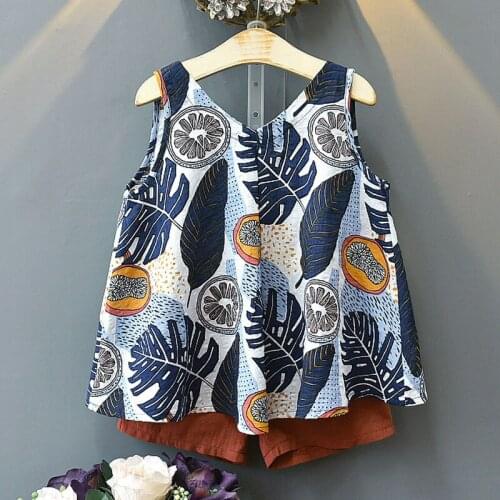Girls Sets 2020 Summer New Childrens Clothing Girls Retro Printing V-Neck Sleeveless Vest + Shorts Two-Piece Suit