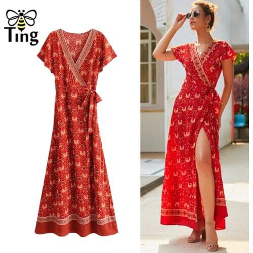Tingfly Summer Tropical Boho Floral Print Wrap Maxi Long Dress Casual Bohemian Sumdress Beach Vacation Women Wrap Tie Dress New