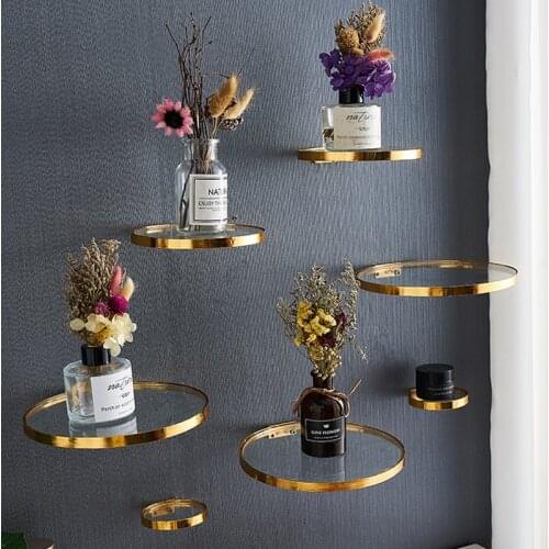 Creative Metal Wall Shelf Golden Glass Mirror Wall Simple Decoration Plant Pot Holder Restaurant Home Living Room Crafts