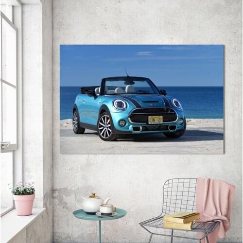 Mini Cooper Convertible Blue Car Seascape Vehicle Posters Canvas Print Silk Wall Art Picture Modern Home Decoration