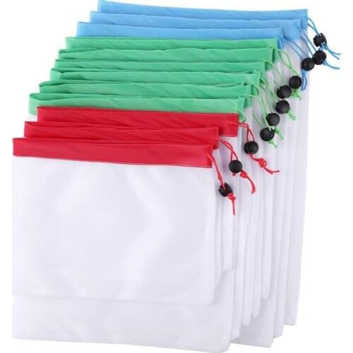 12pcs Reusable Shopper Drawstring Closure Home Storage Stuff Mesh Bag Pouch Lightweight Portable Practical Washable Mesh Bags