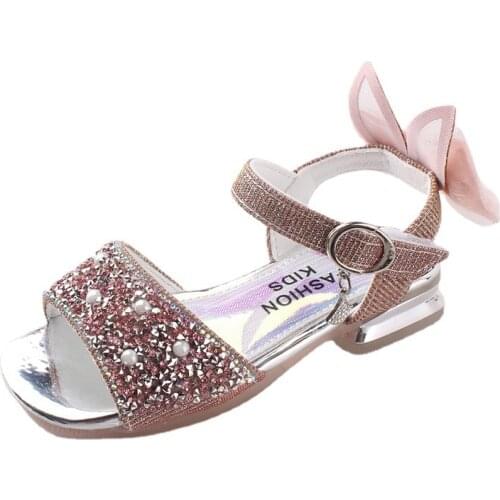 Fashion Princess Girls Shoes 2021 New Summer Fish Mouth Sequined Bow-knot Thick Heel Sandals Cute for Party Chic Sequins Flats