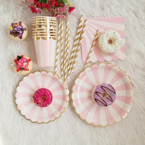69 pieces of disposable tableware set disposable paper tray straw cup gold pink stripes wedding birthday party supplies