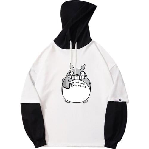 Autumn Spring New Fake Two Pieces Hoodie Sweastshirt Women Harajuku Kawaii Totoro Cartoon Printed Stitching Tops Couples Clothes