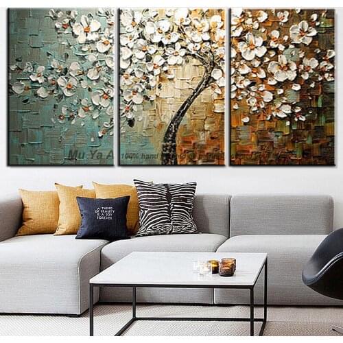 Landscape painting canvas decorative abstract tree picture flower oil painting for living room wall 3 piece canvas art heavy oil