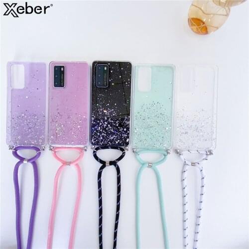 Transparent Glitter Stars Lanyard Phone Case For Huawei P50 P40 Pro Plus P30 Lite P20 P10 Mate 30 20 10 20X Soft TPU Rope Cover