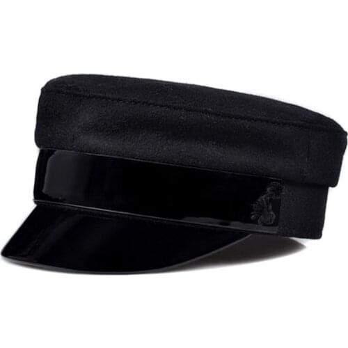 RY920 England Fashion Genuine Patent Leather Woollen Cloth Navy Hat For Women Female Cashmere Black Fittd flat Caps