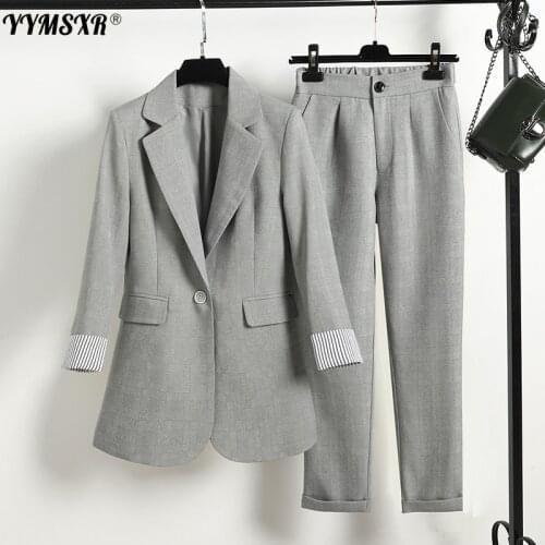 High quality business wear womens suit pants two-piece Temperament Long Sleeve Plaid Ladies Jacket Casual trousers office suit