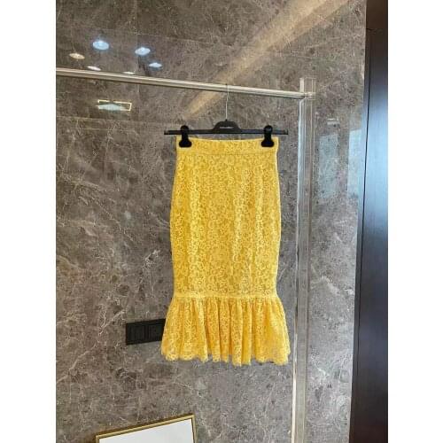 Ladies 2021 Lace Skirt Midi Ruffle Yellow High Waist Silk Satin Sicily Luxury Runway Top Quality Famous MidCalf Trumpet/Mermaid