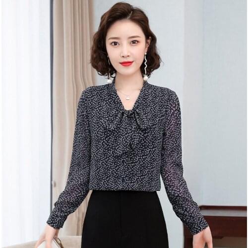 2021 spring new style Korean temperament slim standing collar bow chiffon shirt commuter shirt women long sleeves
