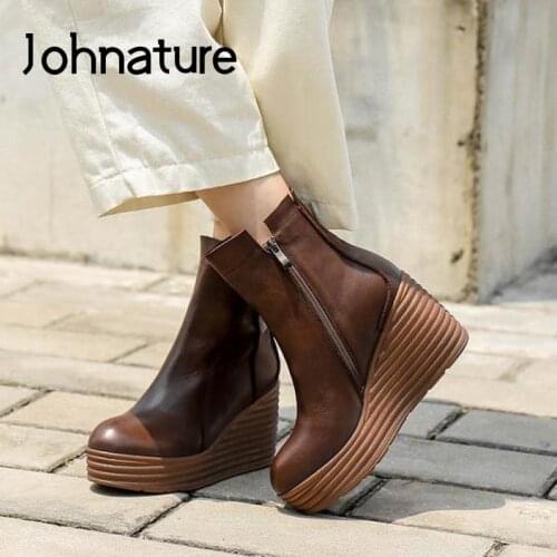 Johnature 2021 New Women Boots Winter Zip Genuine Leather Women Shoes Round Toe Wedges Handmade Concise Ankle Platform Boots