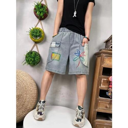 21New Women Denim Shorts Casual Washed Bleached Painted Pockets Loose Patchwork Female Wild Half Length Pants Fashion