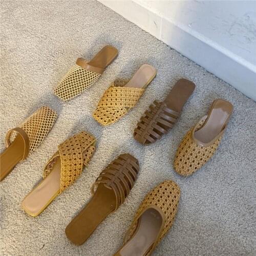 Bailamos 2021Summer Women Slippers Weave Flat Shoes Ladies Mules Pointed Toe Half Slippers Casual Outside Slides