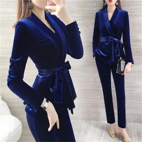 Fashion suit suit female spring New High end Temperament casual Blue gold velvet suit + small pants two-piece suit women