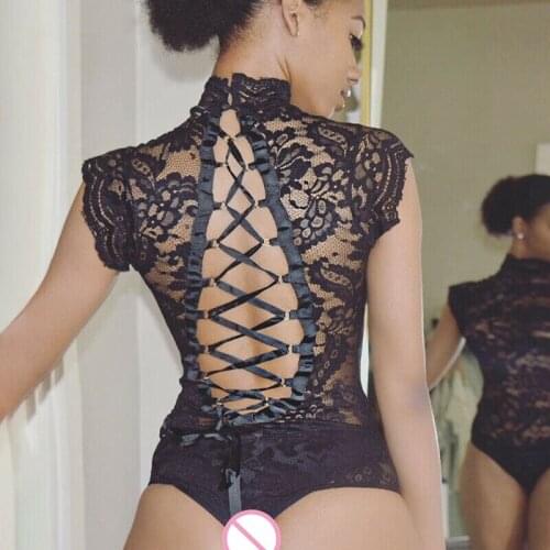 Hot solid Womens Sexy Embroidery Floral Lace Lingerie Nightwear G-String Sissy Female Sexy Underwear backless Erotic Jumpsuit