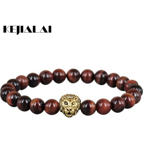 2018 New Beaded Bracelets 8mm Natural Red Tiger Eye Stone Beads Antique Two Color Lion Head Energy Bracelets For Men