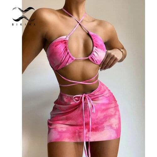 3 pieces mesh skirt swimwear Tie dye bikini 2021 Hollow out bandeau swimsuit womens swimming suit String bathing suit Beachwear