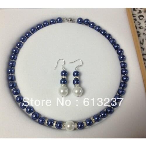 Free shipping 8mm blue simulated-pearl shell chains rope necklaces earrings round beads diy hot sale jewelry set 18inch YE00010