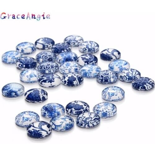Bohemia 30PC Mixed Round Blue Glass Cameo 12mm Floral Cabochons Jewelry DIY Accessories Glass Cabochon Setting Supplies Craf