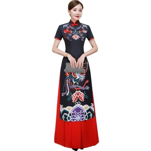 Black Women Ao Dai Cheongsam Long Party Dress Chinese Style Mandarin Collar Slim Qipao Elegant Prom anquet Gown Vestido S-5XL