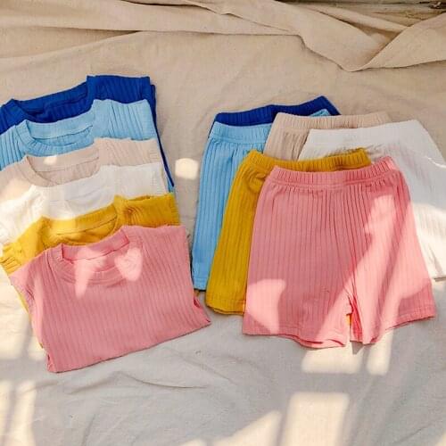 Childrens Pajamas Suit 2021 Summer New Simple Solid Color Round Neck Two Piece Casual Home Wear for Boys and Girls