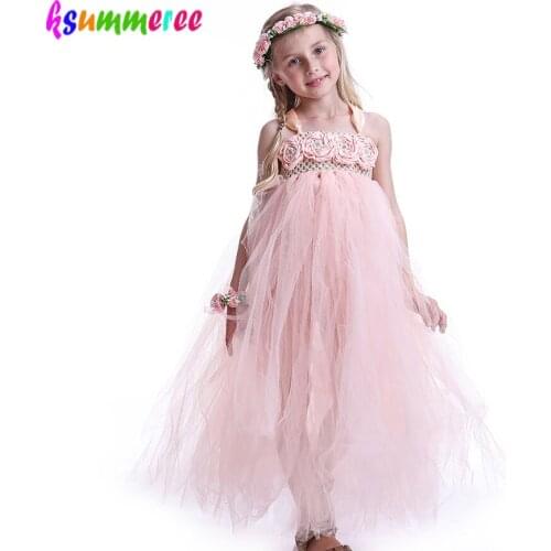 Girls Princess Peach Flowers Tutu Dress 2018 Summer Children Floral Bridesmaid Wedding Ball Gown Baby Birthday TUTU Clothing