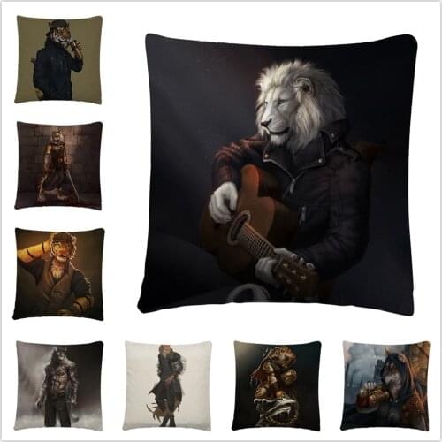 Wild Animals Living Human Life Cartoon Pattern Linen Cushion Cover Pillowcase Home Sofa Car Decoration Pillowcase 45X45 Cm