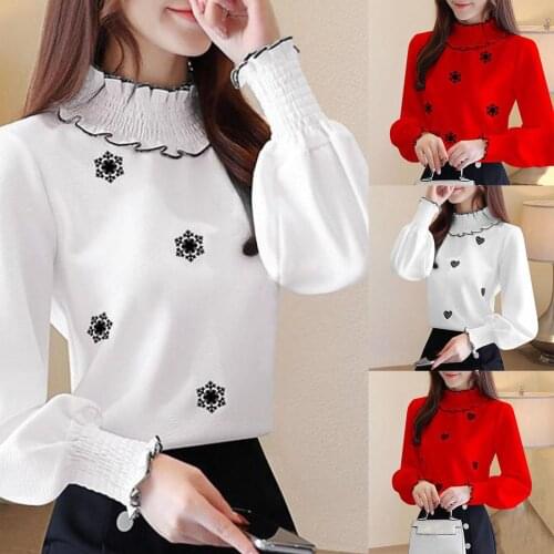 Women Autumn Snowflake Heart Pattern Long Sleeve Turtle Neck Pullover Blouse Top